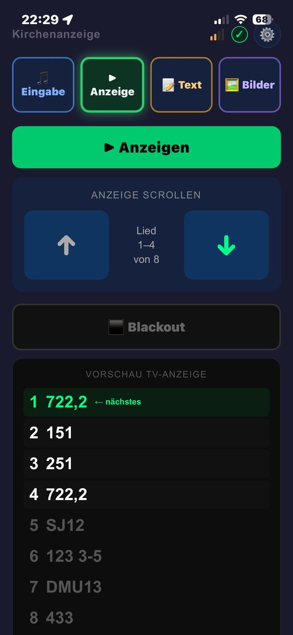 Tab Anzeige: Anzeigen, Pfeile, Blackout und Liste der Lieder