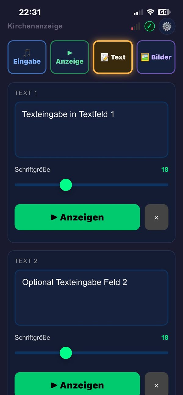 Tab Text mit zwei Textfeldern und Schriftgrößenregler